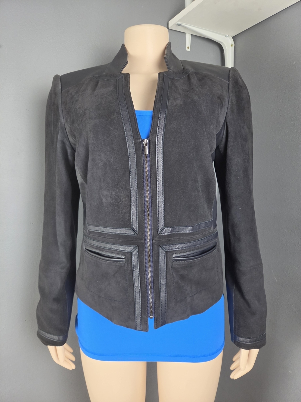 Etcetera Black Suede Leather-Trim Zip Jacket